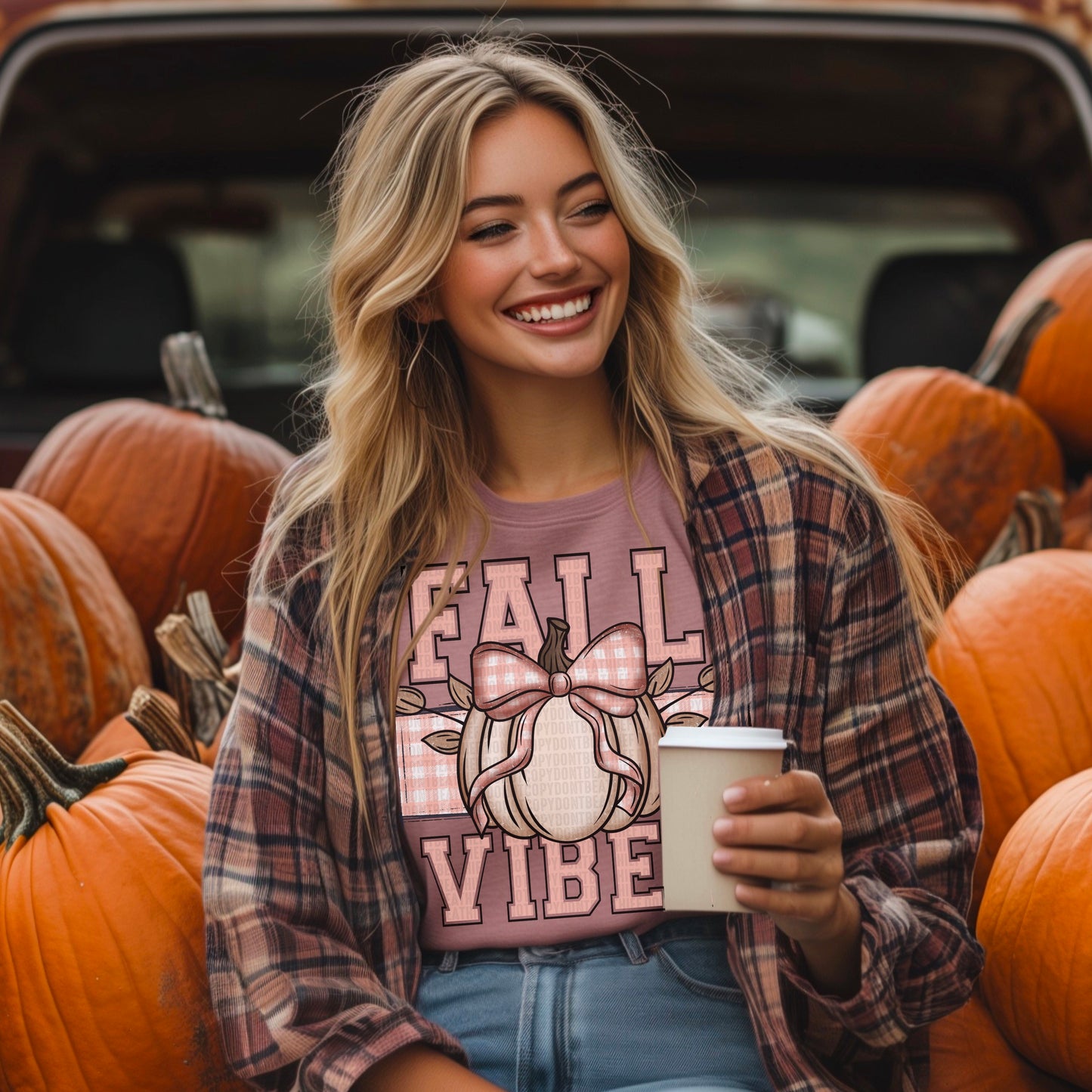 Fall Vibes Buffalo Plaid Pumpkin Pink