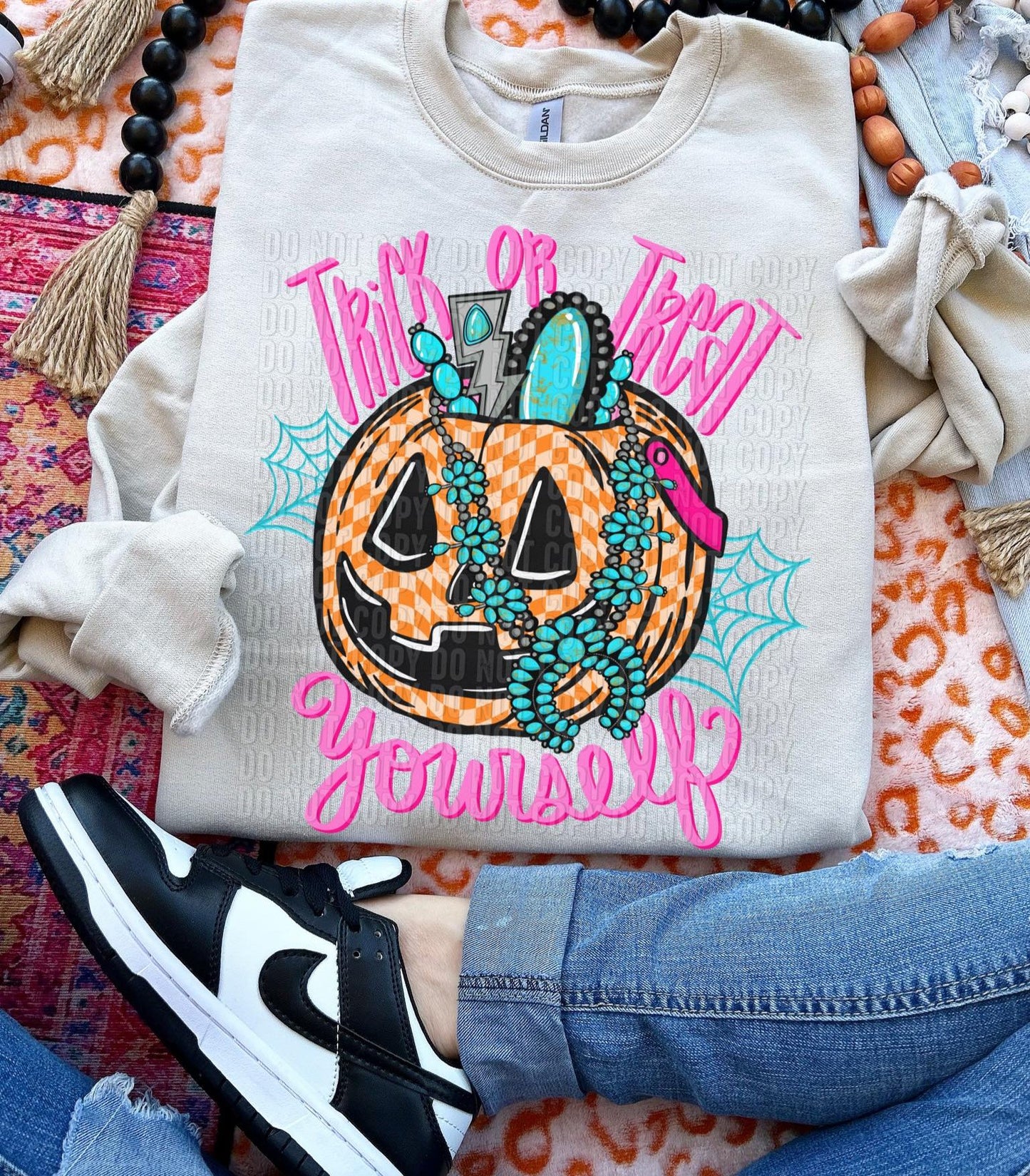 Trick or Treat Turquoise Pink Text