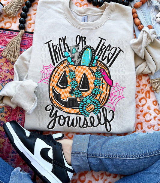 Trick or Treat Turquoise Black Text