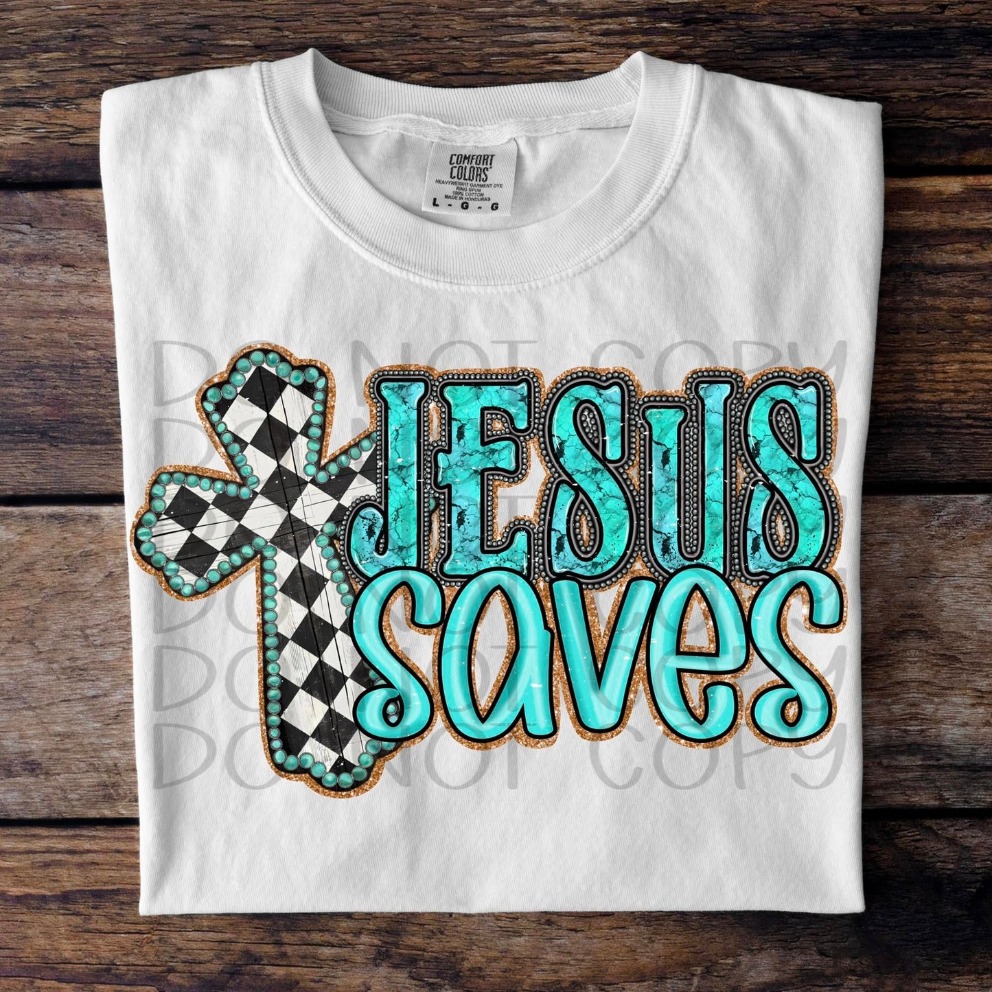 Jesus Saves Turquoise Checkered Cross