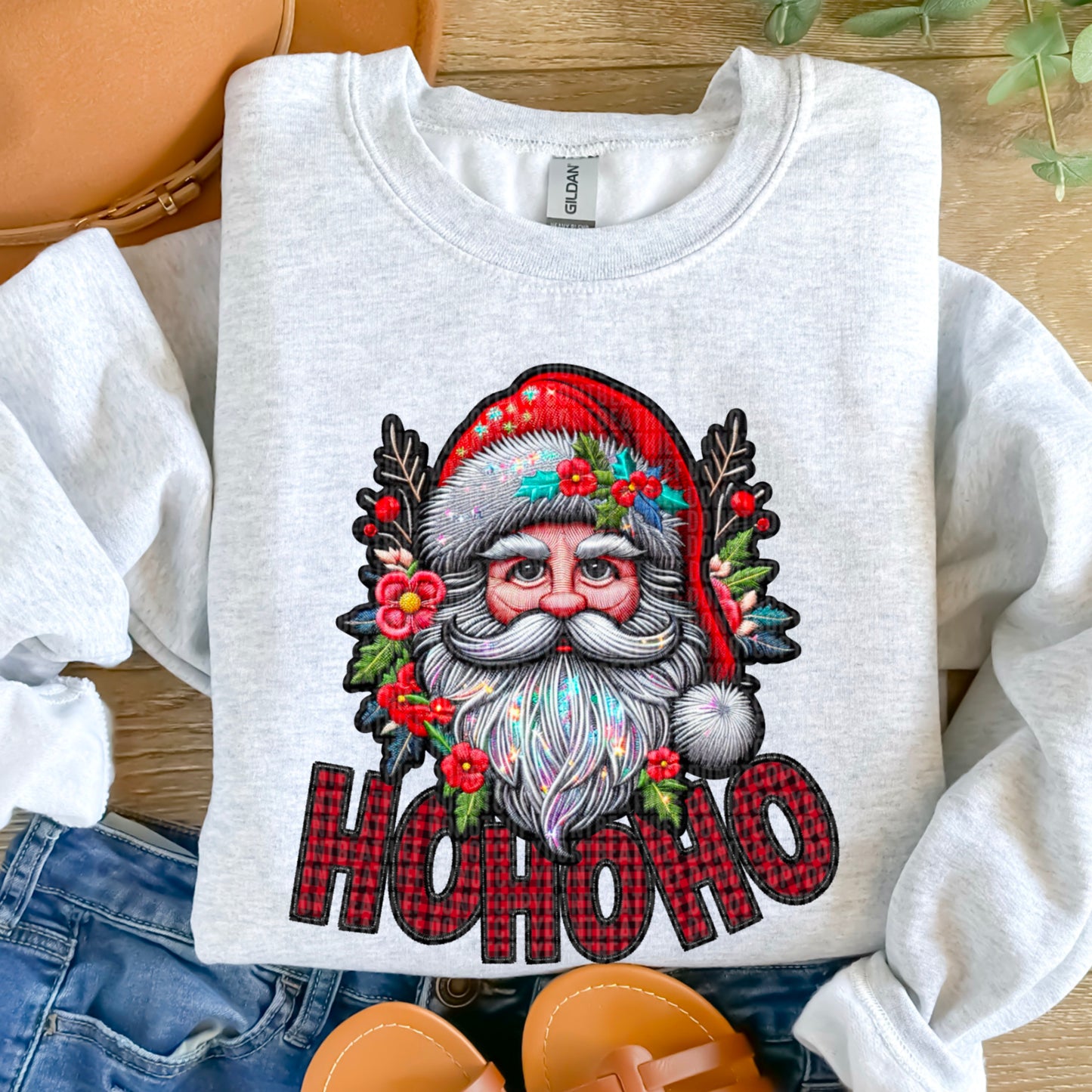 Ho Ho Ho Buffalo Plaid Faux Embroidery Santa