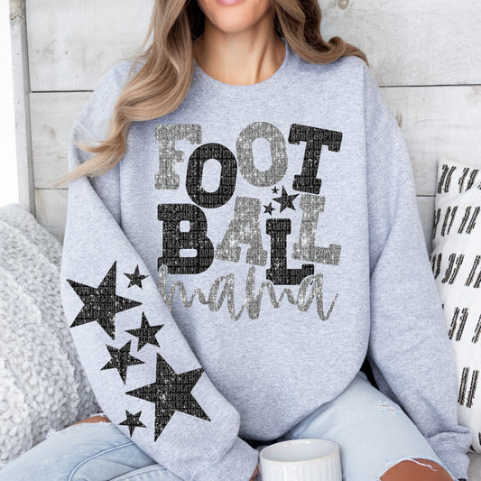 Football Mama Silver & Black With Star Sleeve Faux Sequins