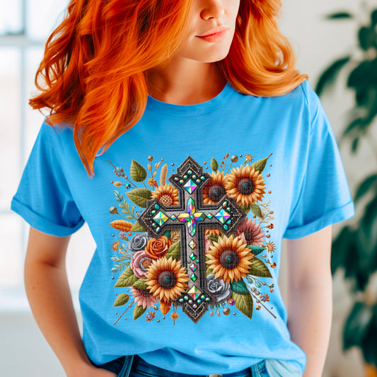 Faux Rhinestone Cross With Sunflowers