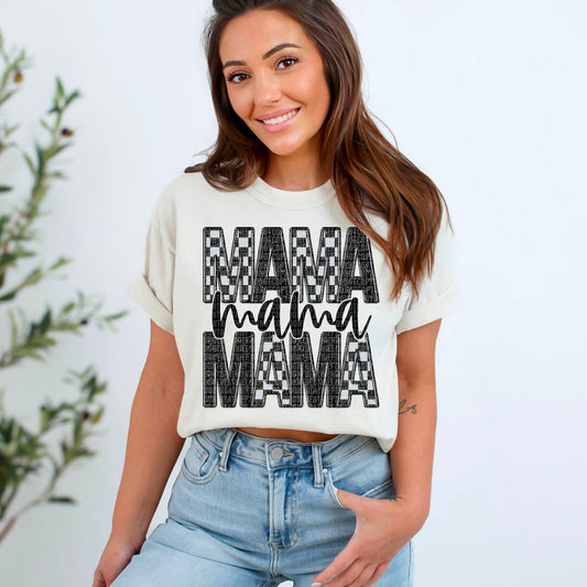 Mama Stacked Faux Embroidery Checkered