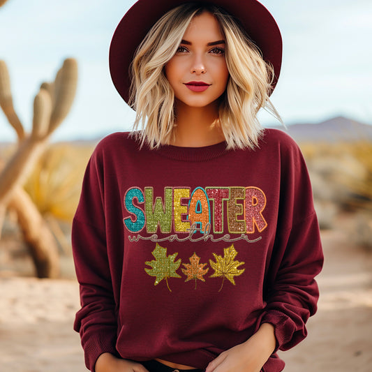 Sweater Weather Faux Embroidery Sequin Leaves