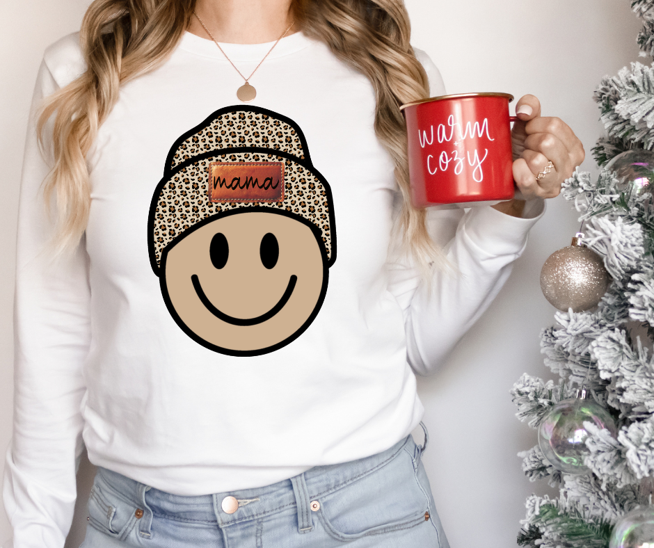 Smile Face Mama Leopard Beanie DTF Transfer